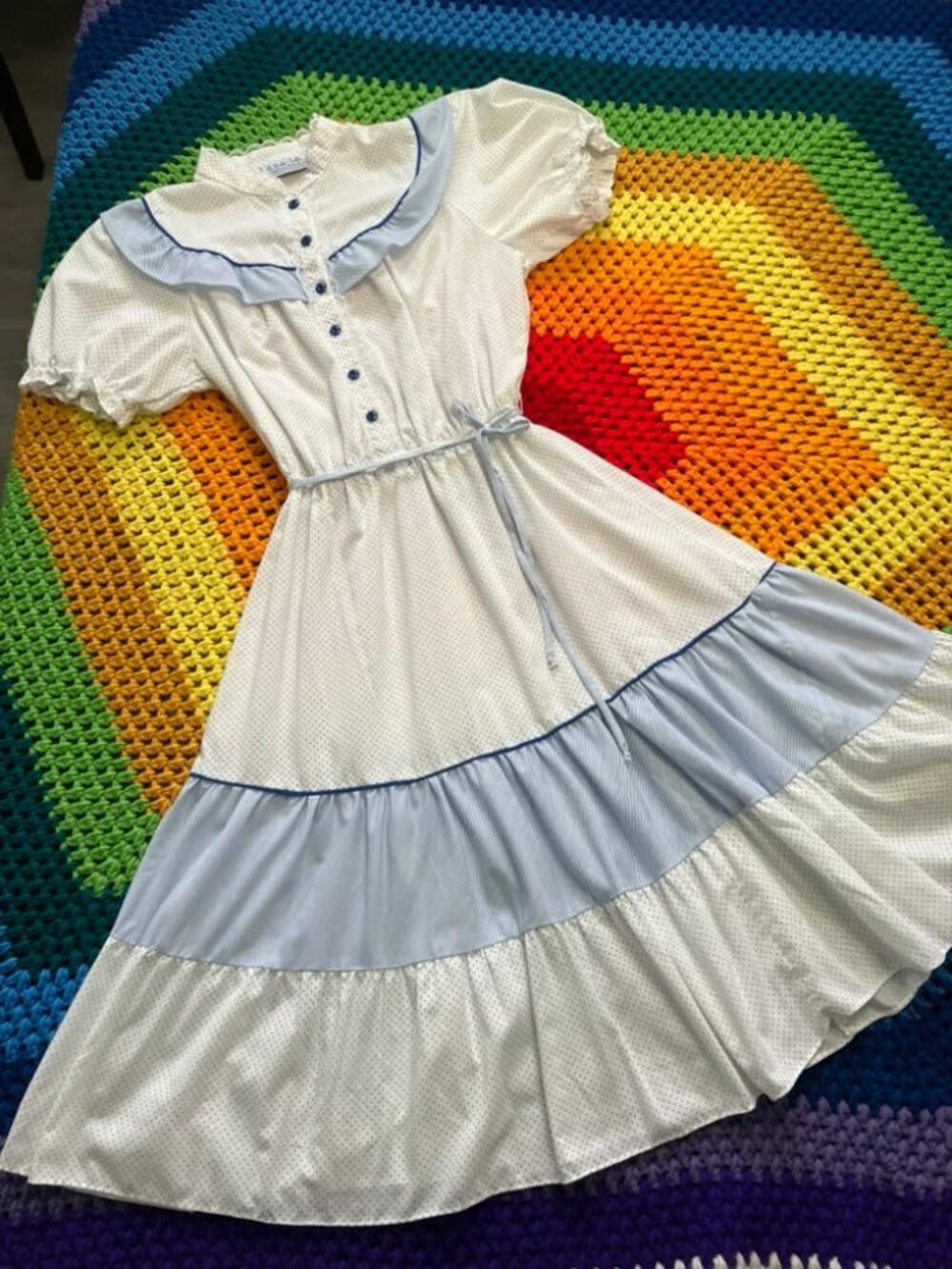 80's Vintage DBA LA California Blue White Polka Dot Stripe Prairie Mini Dress